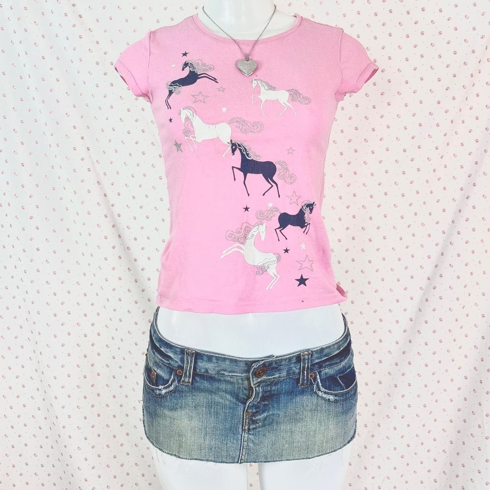 y2k pink unicorn horse graphic fitted baby tee